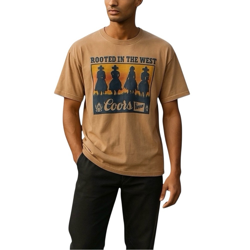 Coors Rooted in the West Junk Food Clothing Graphic Tee in Tan Unisex L XL